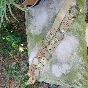 Distressed gold leather brass ring studded belt. L/XL